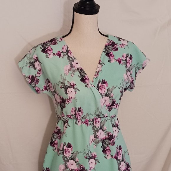 Pink Blush Teal Floral Knee Length Dress Spring Summer - Picture 2 of 10